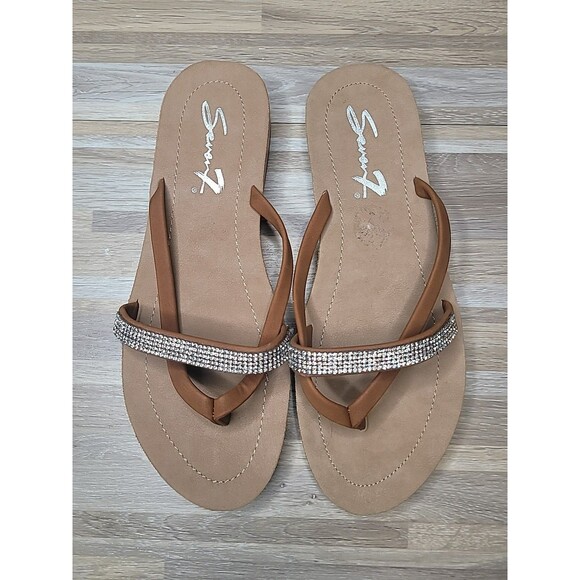 Seven7 Bondi Caramel Women's Size 10 Faux Leather Slip On Thong Sandals Flat NEW - Picture 2 of 7